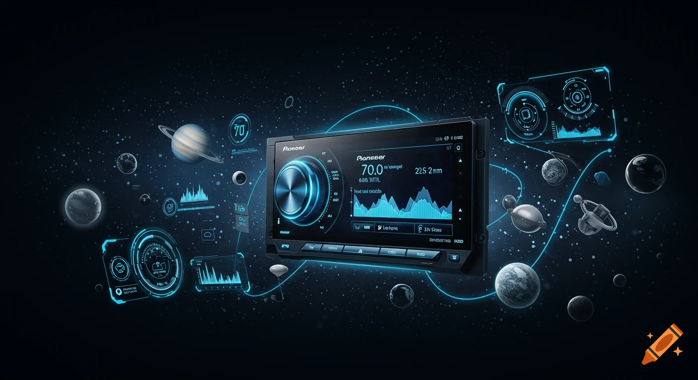 Futuristic car stereo display with holographic interfaces, glowing blue lines, planets, and stars in a dark space background.