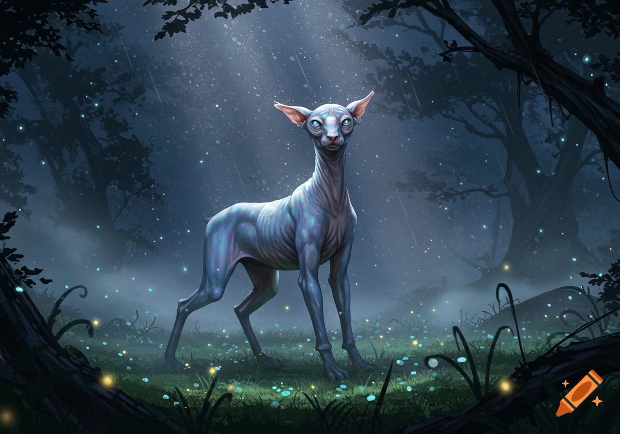 A hairless, cat-headed creature with a deer-like body stands in a dark, misty fantasy forest with glowing plants.