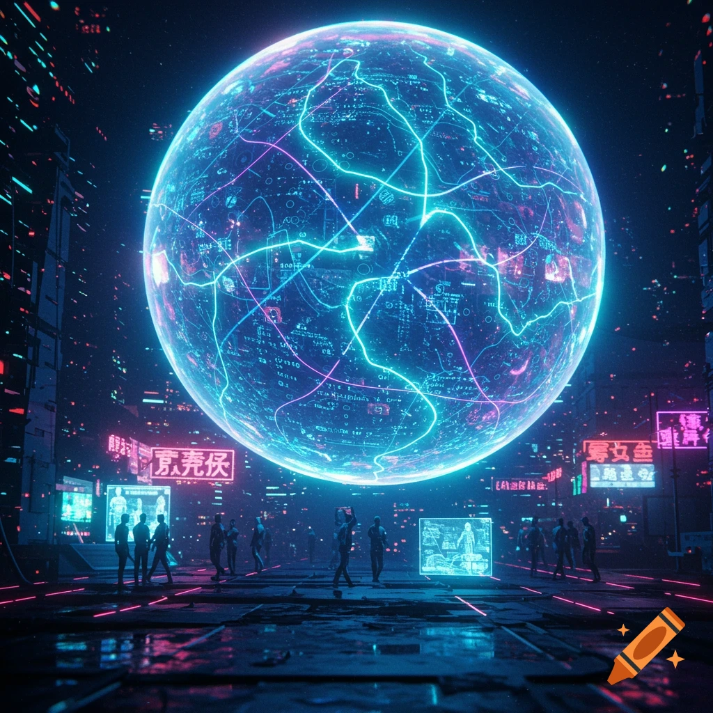 A glowing blue sphere with circuit-like lines floats above a dark, neon-lit cyberpunk city with silhouetted figures on the ground.
