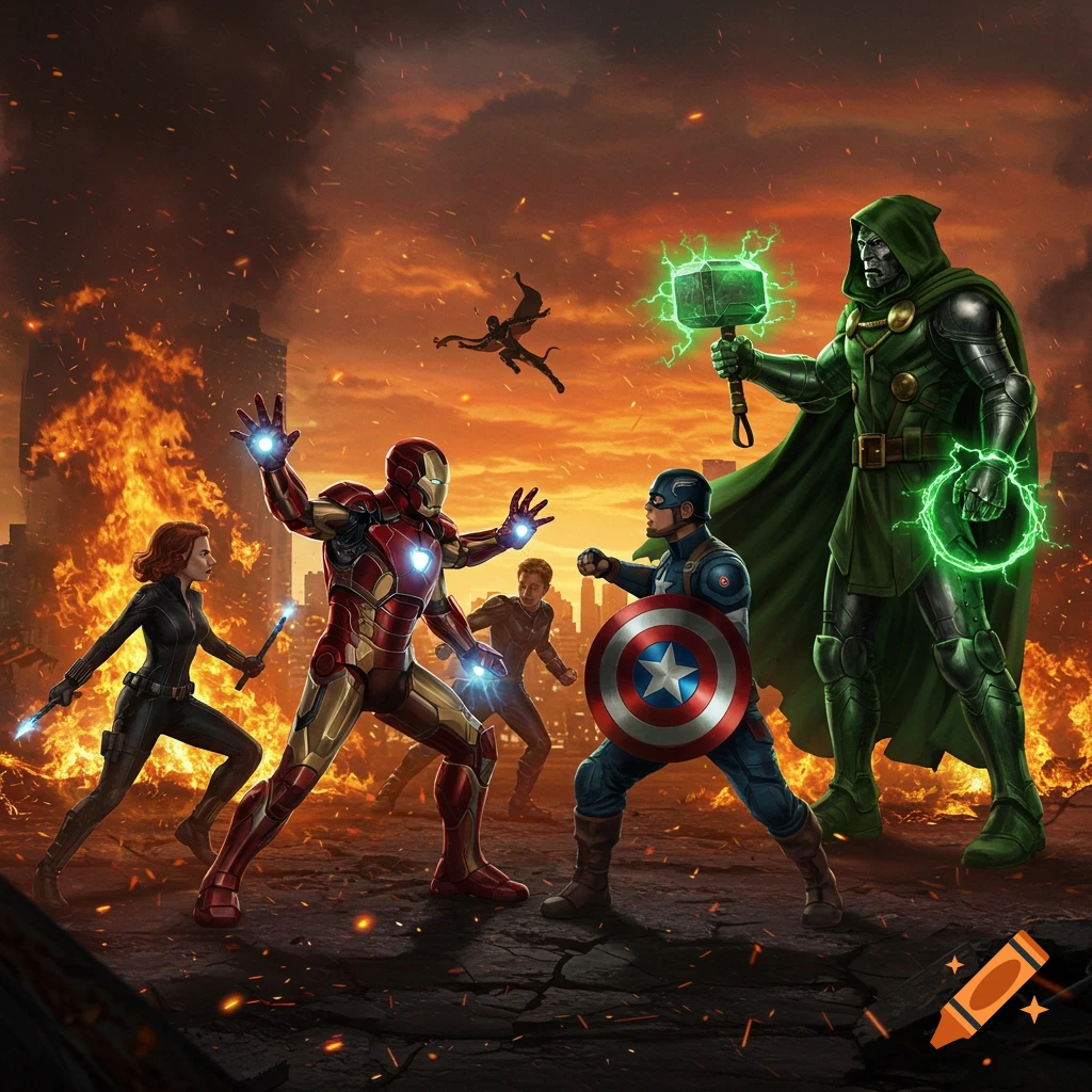 Marvel's Avengers including Iron Man, Black Widow, and Captain America battle Doctor Doom in a burning city, in a detailed comic art style.