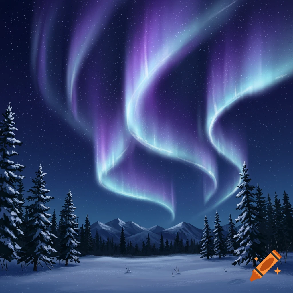 Vibrant purple and blue Northern Lights swirl above a snowy forest and distant mountains under a starry night sky.