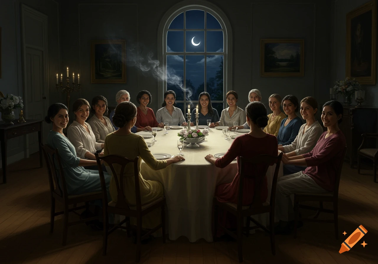 A group of women gathered around a large dining table in a dimly lit room, with a crescent moon visible through an arched window.