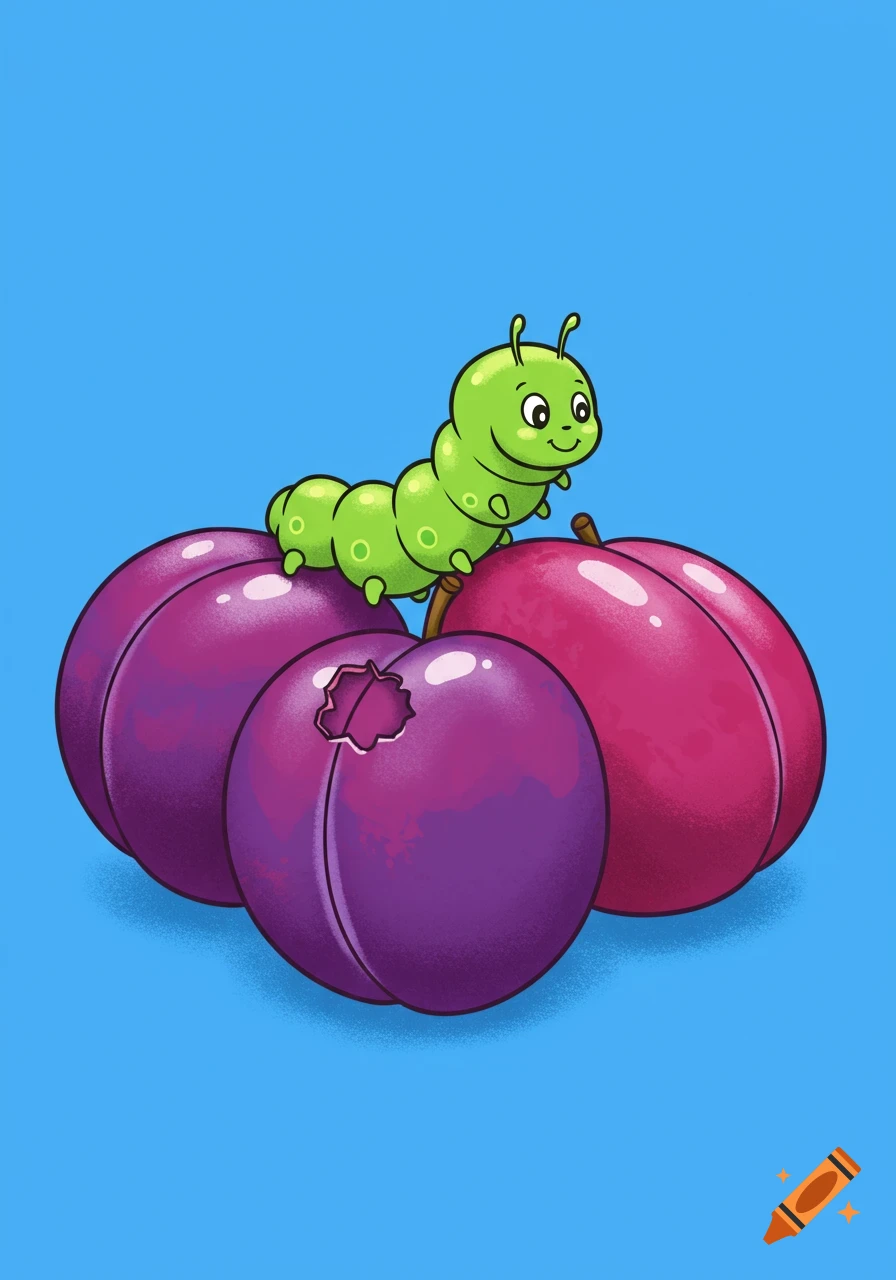 A cute green cartoon caterpillar sits on three purple plums against a blue background.