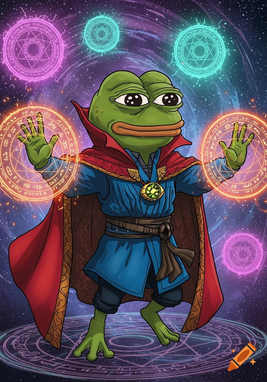 Pepe the frog dressed as Doctor Strange, casting spells with glowing orange magical circles in a starry space background, comic book art style.