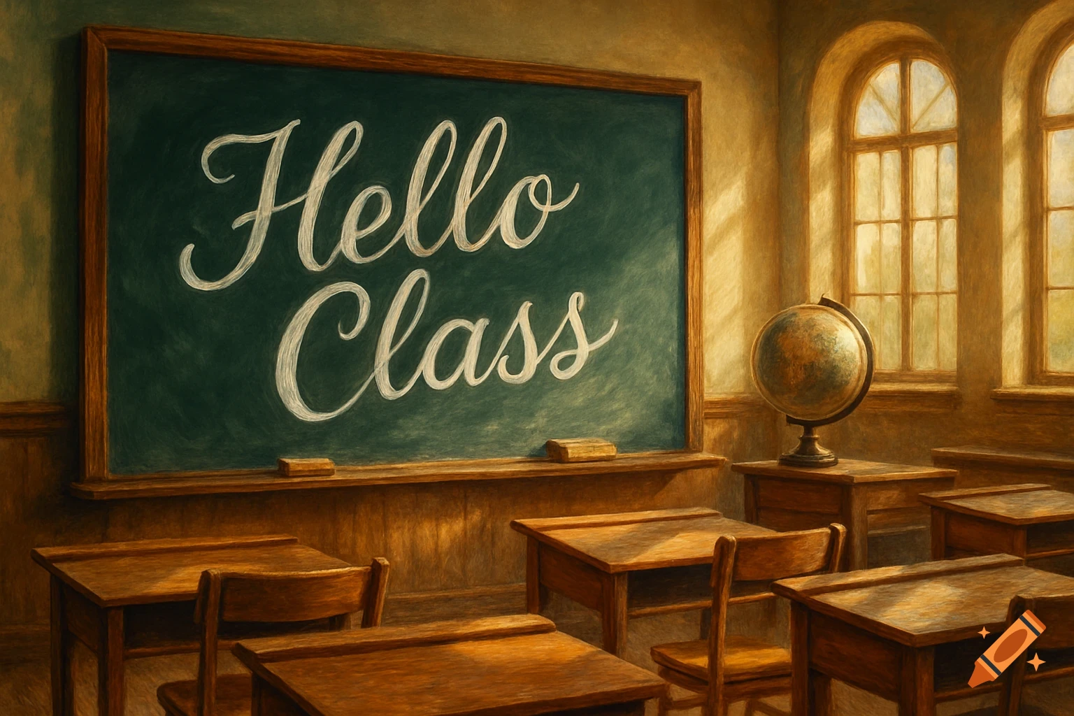 A vintage-style classroom featuring a green chalkboard with "Hello Class" written in chalk, wooden desks, and arched windows.
