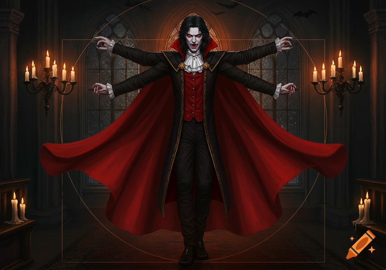A male vampire with red eyes and four arms in a Vitruvian Man pose, wearing a black and red coat, against a gothic window background.