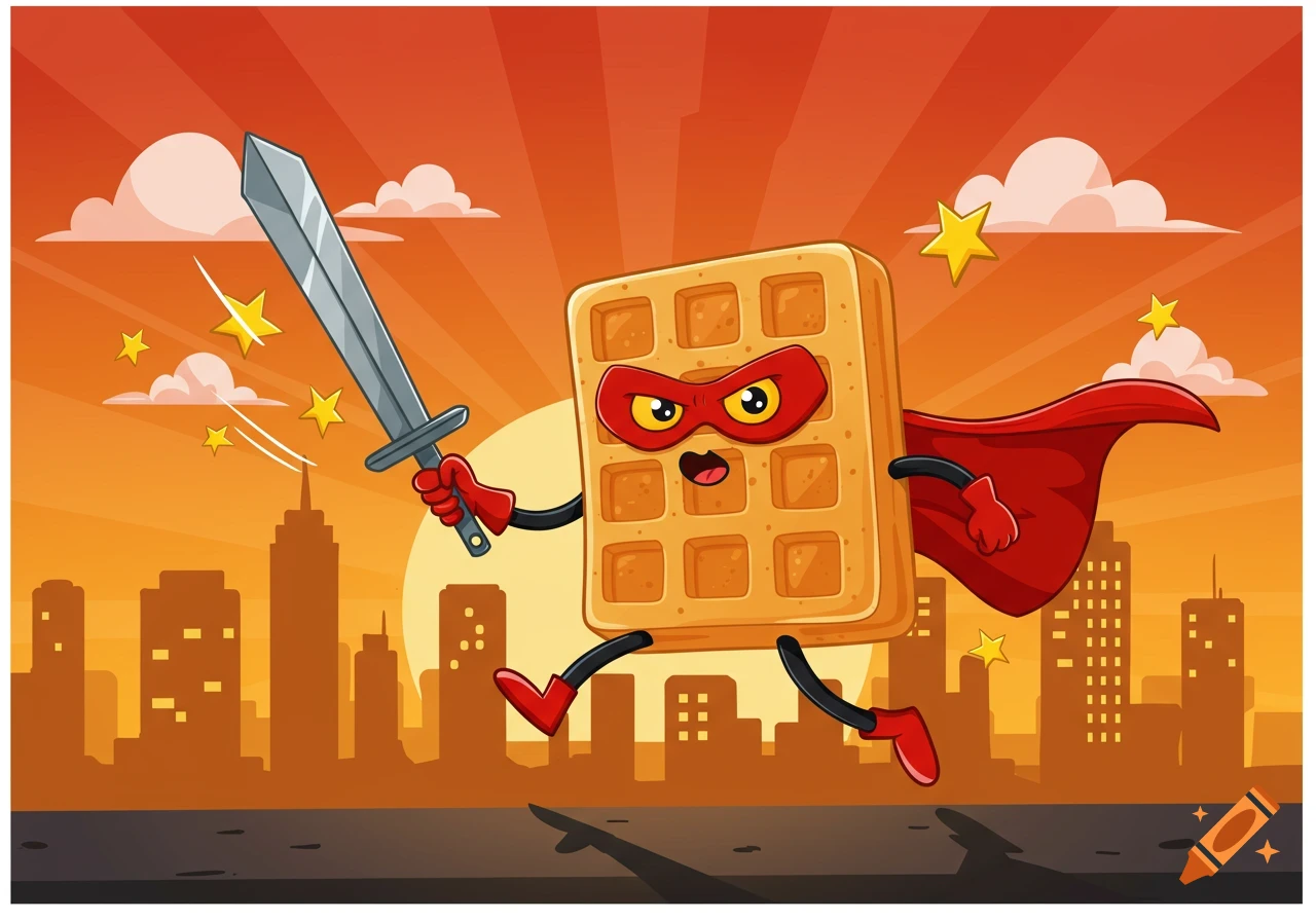 Cartoon superhero waffle in a red cape and mask, holding a sword, running over a city skyline at sunset.