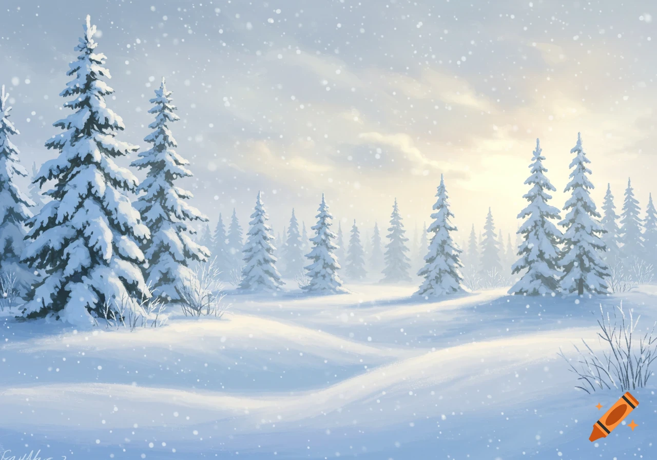 A serene winter landscape with snow-covered pine trees, gently falling snow, and soft light from a cloudy sky.