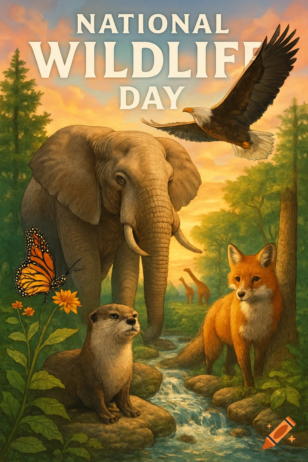An elephant, fox, otter, eagle, and butterfly in a lush forest with text 'NATIONAL WILDLIFE DAY' at sunset.
