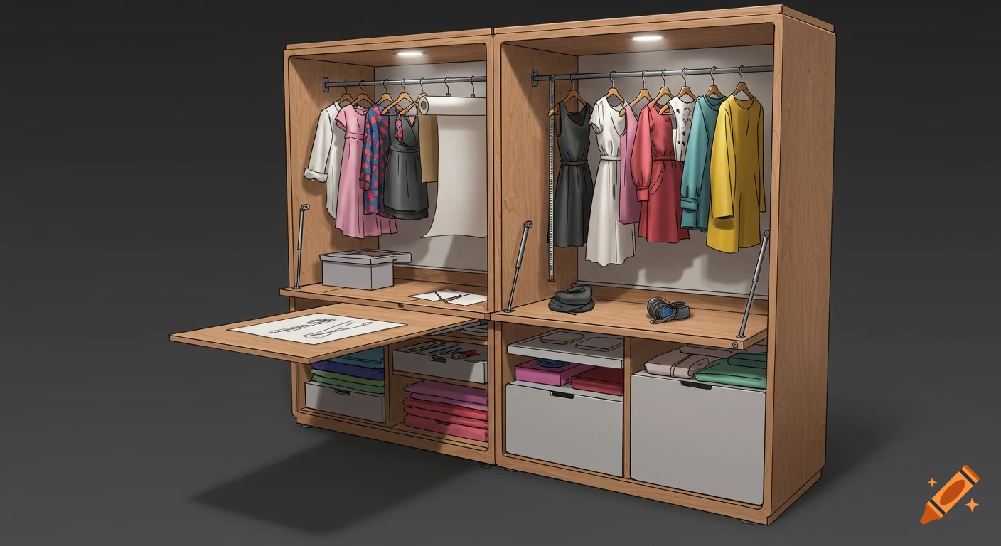 A stylish wooden convertible wardrobe with a fold-down desk for fashion design, clothes hanging, and storage drawers.