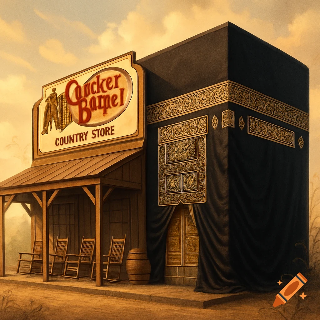 A building that is half Cracker Barrel country store with rocking chairs and half Kaaba, under a cloudy sky.