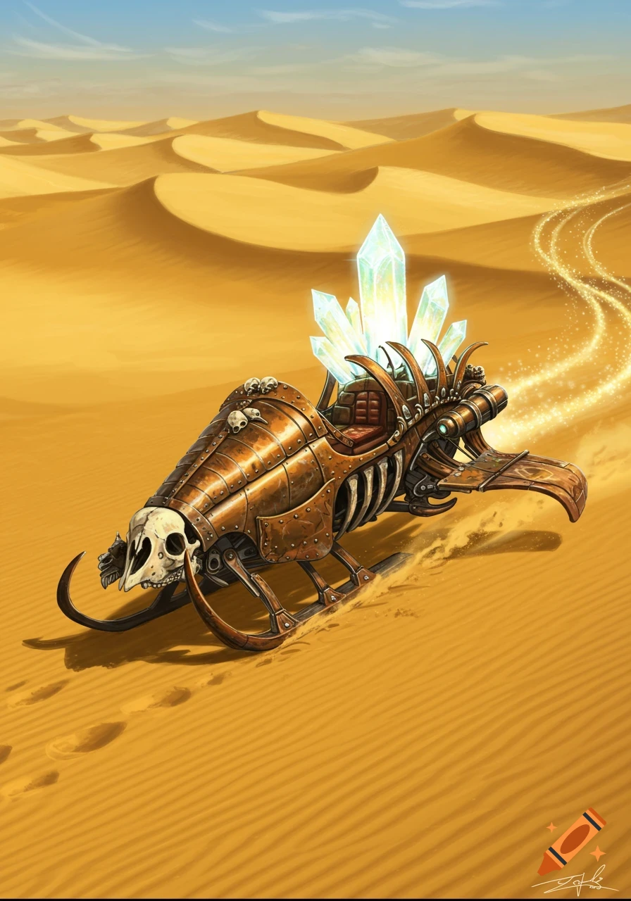A bronze and bone desert skimmer with glowing crystals on its back glides over sand dunes, leaving a shimmering trail in a painterly fantasy style.