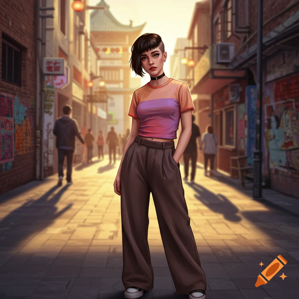 A stylized woman with a short, undercut haircut and choker stands on a sunlit urban street, wearing a cropped t-shirt and wide-legged pants.