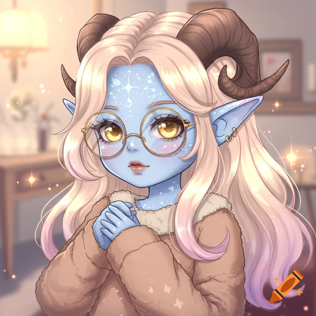 A cute blue-skinned chibi fantasy character with ram horns, elf ears, blonde hair, glasses, and a cozy brown coat, in an anime style.