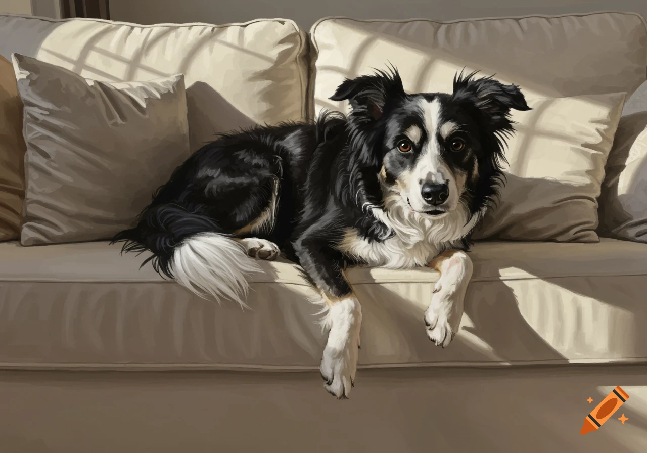 A black and white Border Collie dog lies on a beige couch, looking relaxed into the camera, depicted in a digital painting style.