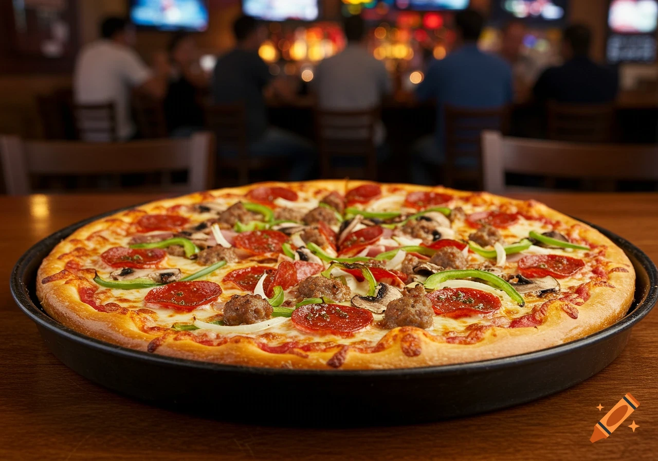 A supreme pizza with pepperoni, sausage, mushrooms, onions, and green peppers in a black pan on a wooden table in a sports bar.