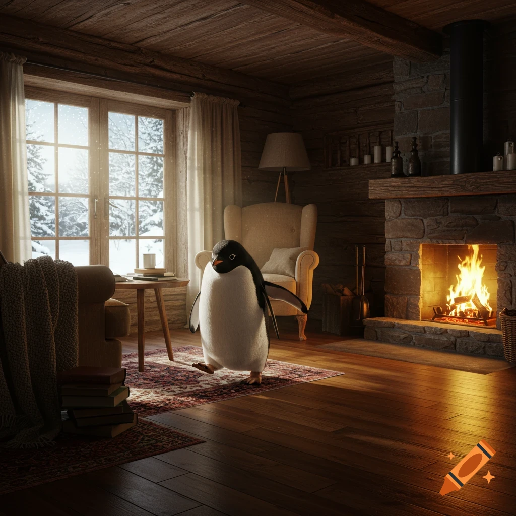A photorealistic penguin stands in a warm, rustic cabin with a lit fireplace and a snowy view from the window.