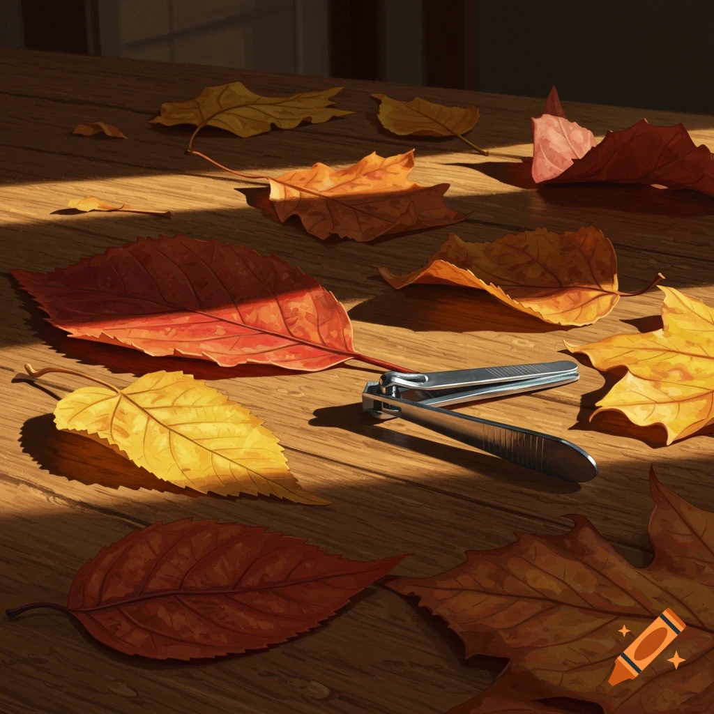 Fallen red and yellow autumn leaves scattered on a wooden table with a silver nail clipper, illuminated by sunlight.