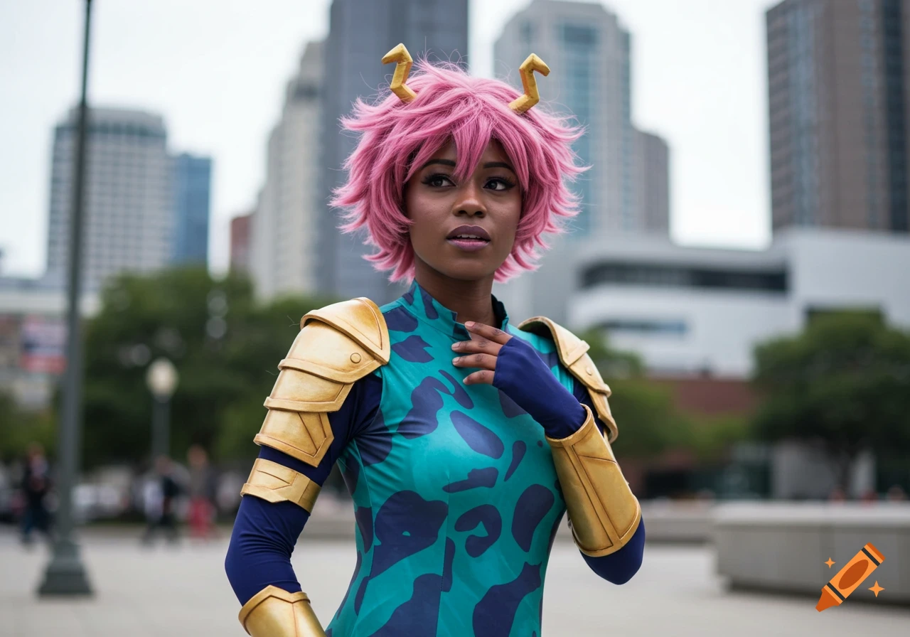 An African American cosplayer with pink hair and golden horns wears a teal, navy, and gold superhero costume in an urban setting.
