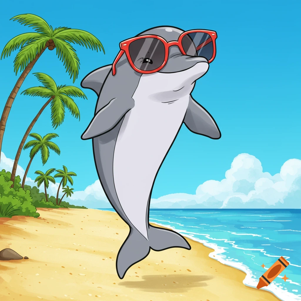 A cheerful cartoon dolphin wearing red sunglasses dances on its tail on a sunny tropical beach with palm trees and the ocean.