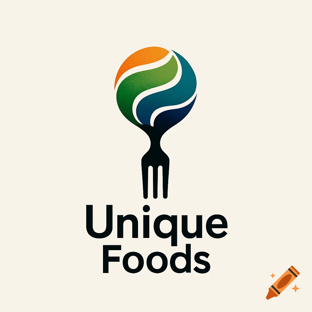 Logo featuring a stylized fork with a colorful globe-like top and the words 'Unique Foods' below.