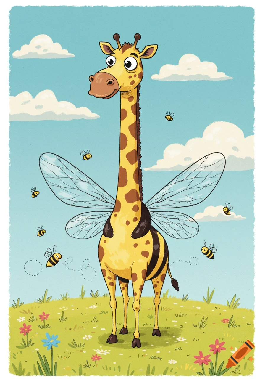 Cartoon giraffe with bee wings and stripes stands in a flowery field with bees under a cloudy blue sky.