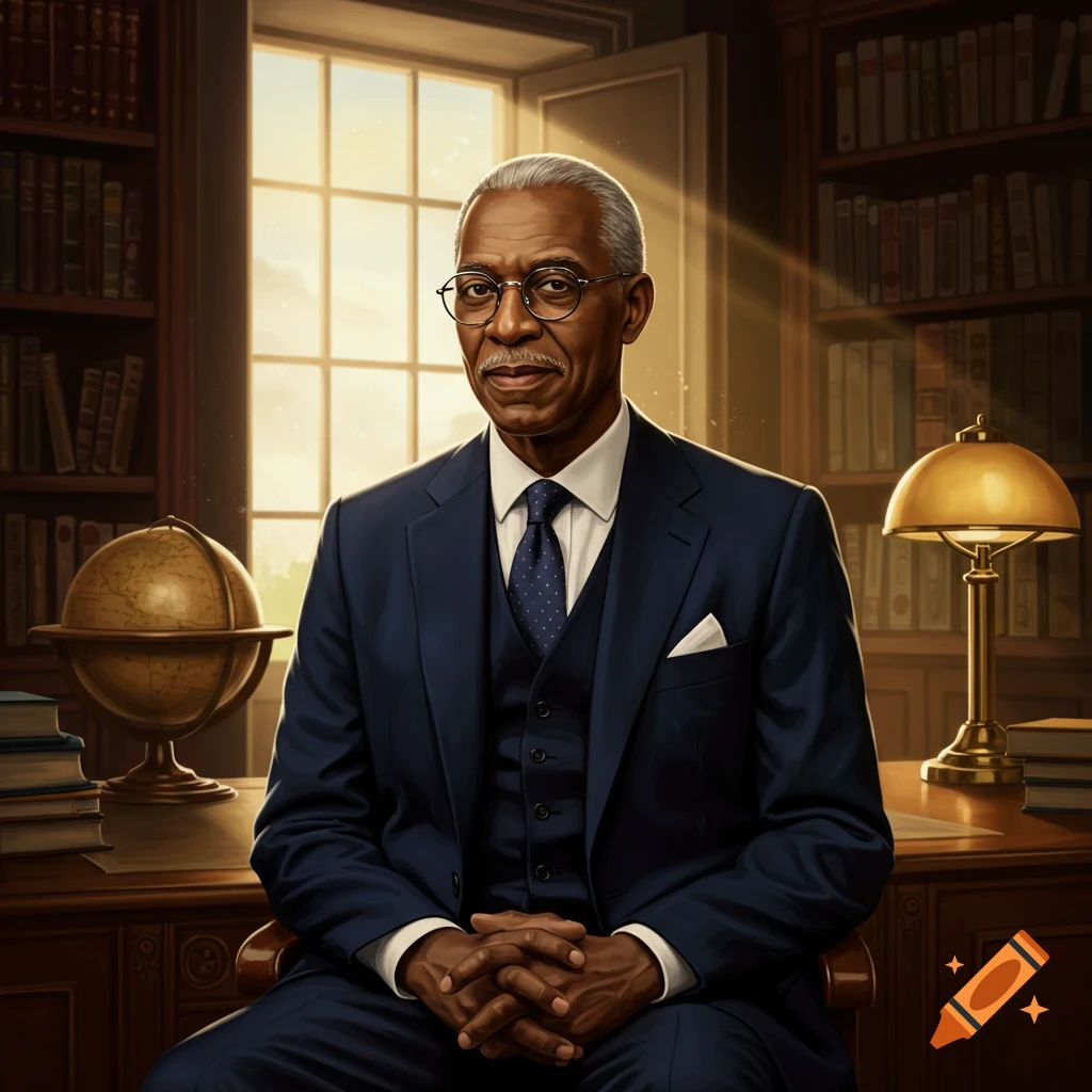 Photorealistic portrait of a distinguished older Black man in a dark suit, seated at a desk in a sunlit library.