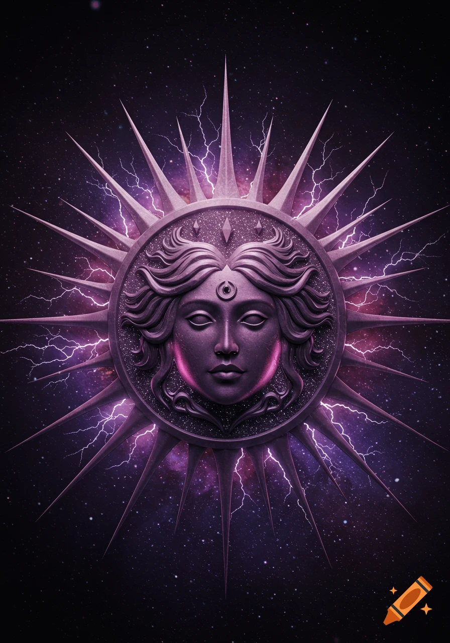 A mystical purple emblem with a serene woman's face and lightning-like spikes, set against a shimmering cosmic background.