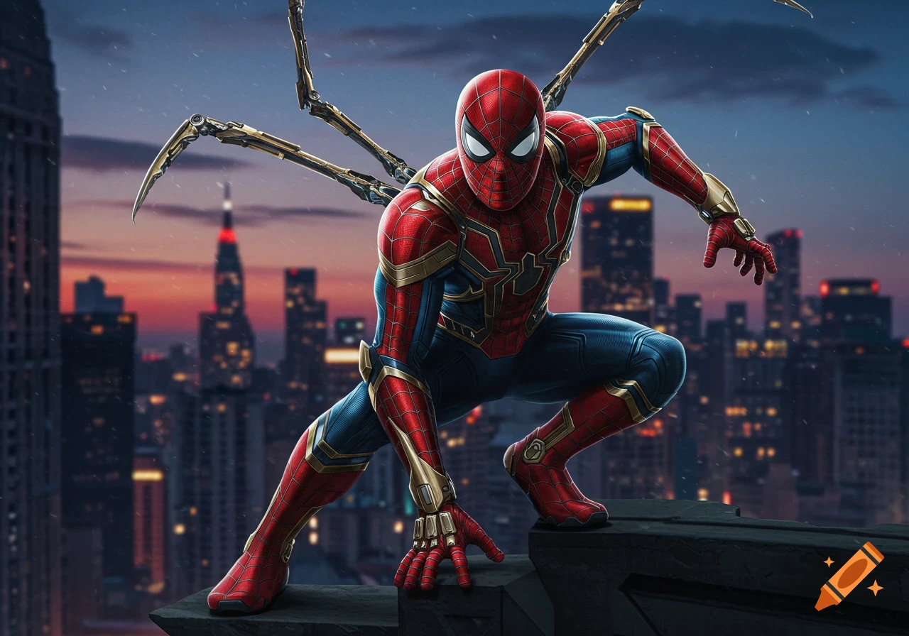Spider-Man in a red and blue suit with gold Hulkbuster-style armor details crouches on a rooftop overlooking a city at dusk.