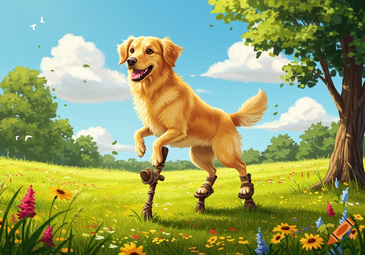 Vibrant illustration of a happy golden retriever on stilts in a sunny, flower-filled green field.