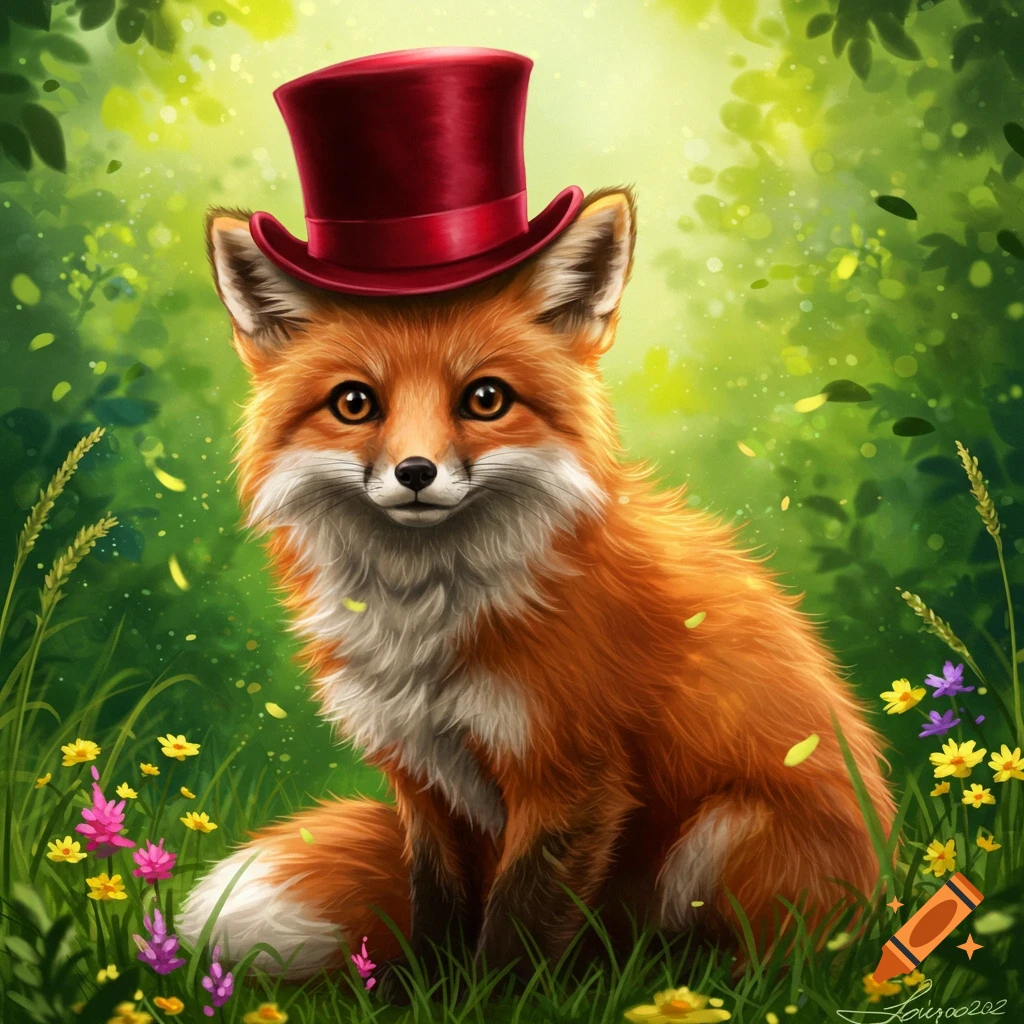 A cute orange fox wearing a red top hat sits in a lush green field filled with colorful flowers, digital painting.