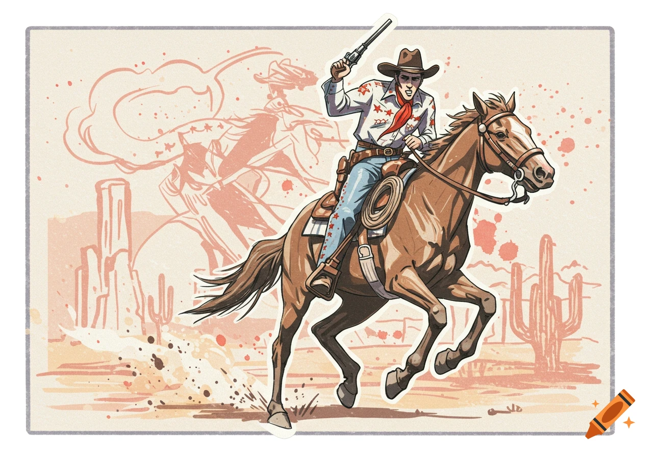 Stylized illustration of a cowboy on a galloping horse, holding a pistol, in a desert with cacti, vintage comic art style.