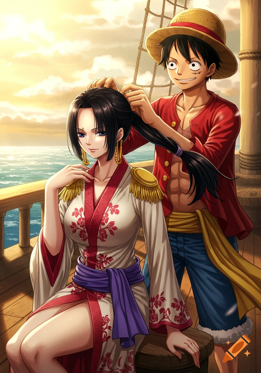 Anime characters Monkey D. Luffy and Boa Hancock on a ship deck, Luffy putting Hancock's hair into a ponytail with a sunset backdrop.