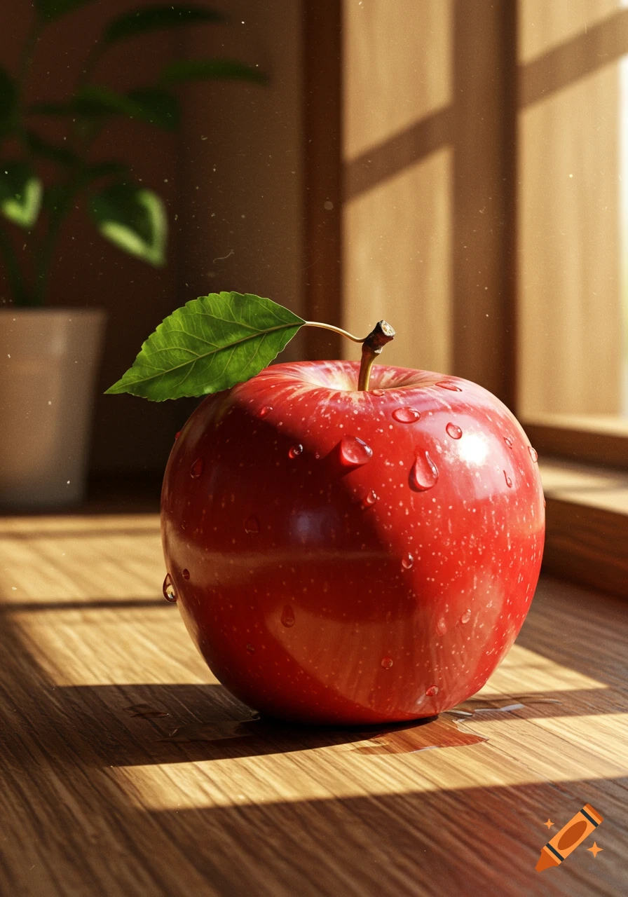A single vibrant red apple with a green leaf and water droplets rests on a sunlit wooden surface, photorealistic.
