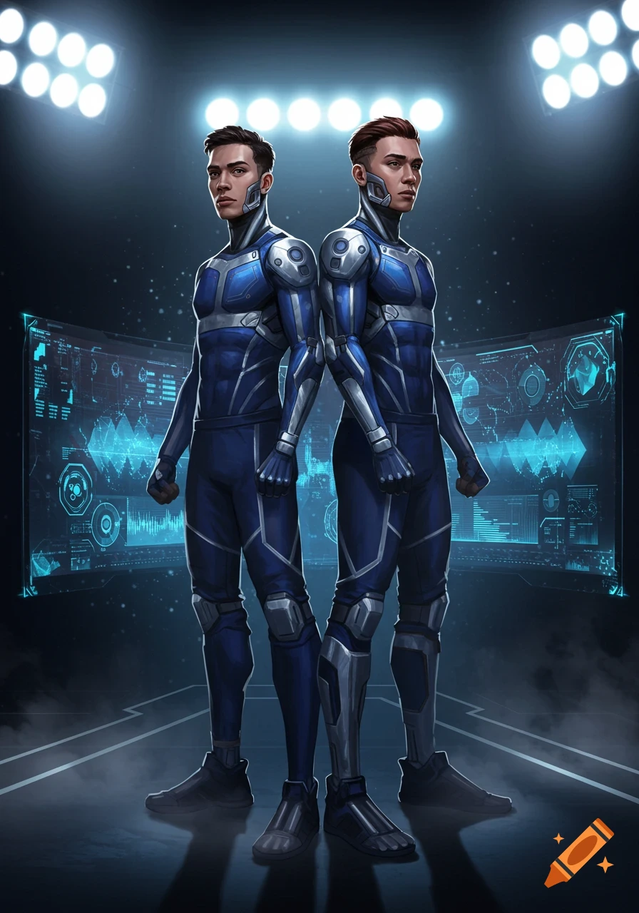 Two men in sleek blue and silver futuristic suits stand back-to-back in a dark, high-tech stadium with glowing screens and spotlights.