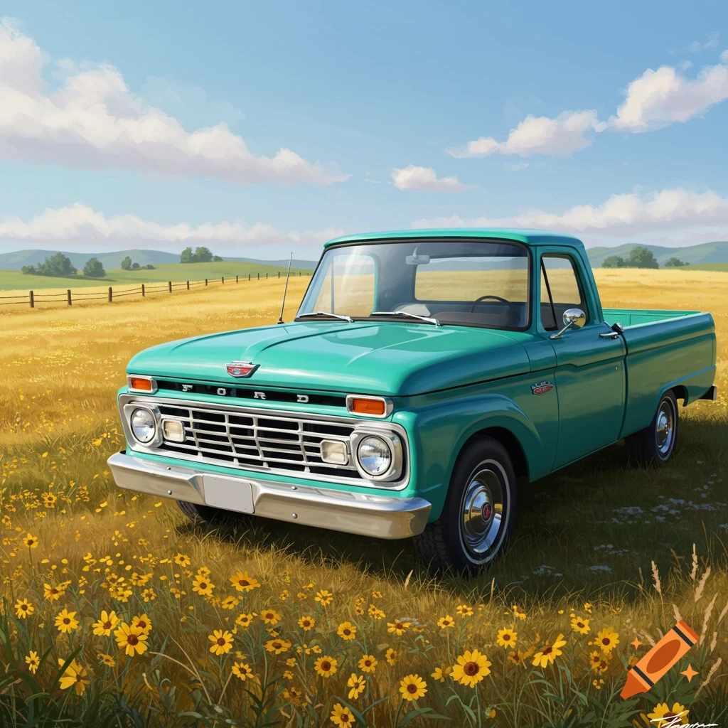A teal 1966 Ford F-100 pickup truck sits in a sunlit field of yellow wildflowers under a blue sky.