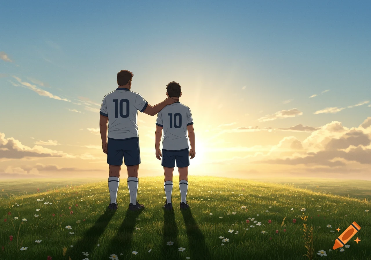 Two figures in white soccer jerseys with number 10 on the back stand on a grassy hill, looking at a golden sunset in an anime style.