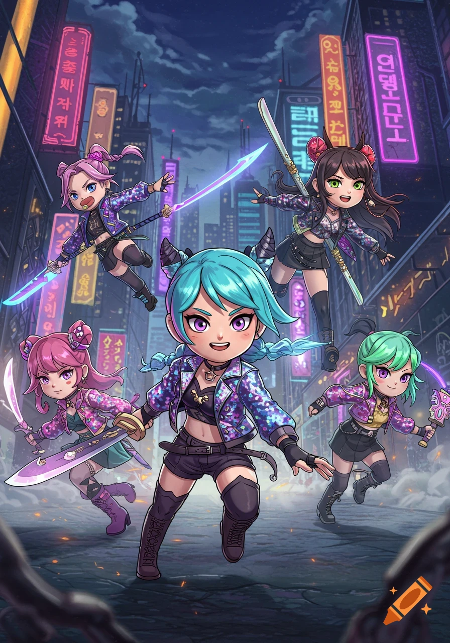 Five chibi-style female K-pop demon hunters with glowing swords run through a neon-lit cyberpunk city at night.