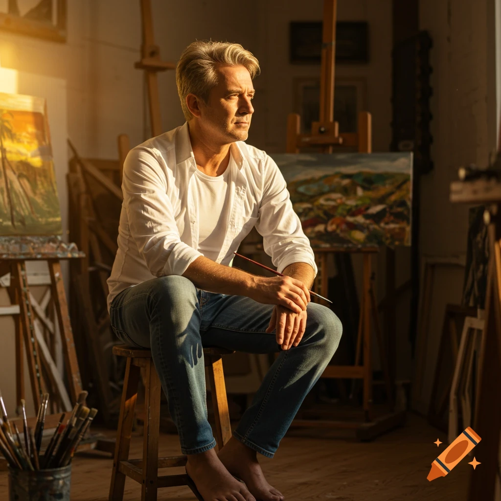 A man, an artist, sits on a stool in a sunlit studio, holding a paintbrush, surrounded by easels and paintings.