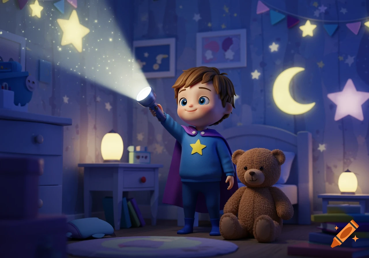 Cartoon boy in superhero cape shines a flashlight in a cozy, star-filled bedroom, with a teddy bear nearby.