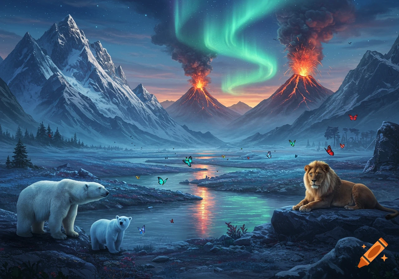 Fantasy landscape with snow-capped mountains, erupting volcanoes, aurora borealis, polar bears, a lion, and butterflies.