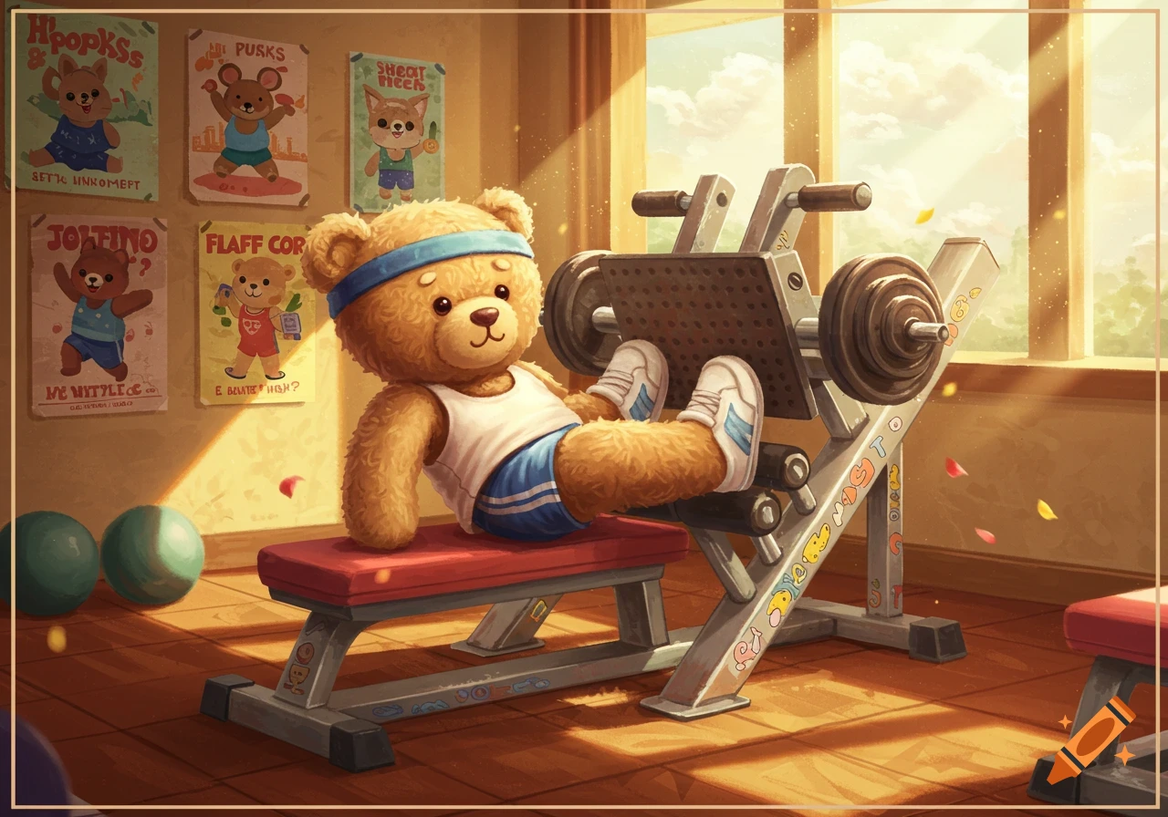 Fluffy brown teddy bear with a blue headband and white tank top doing leg presses in a sunny gym with cartoon workout posters.