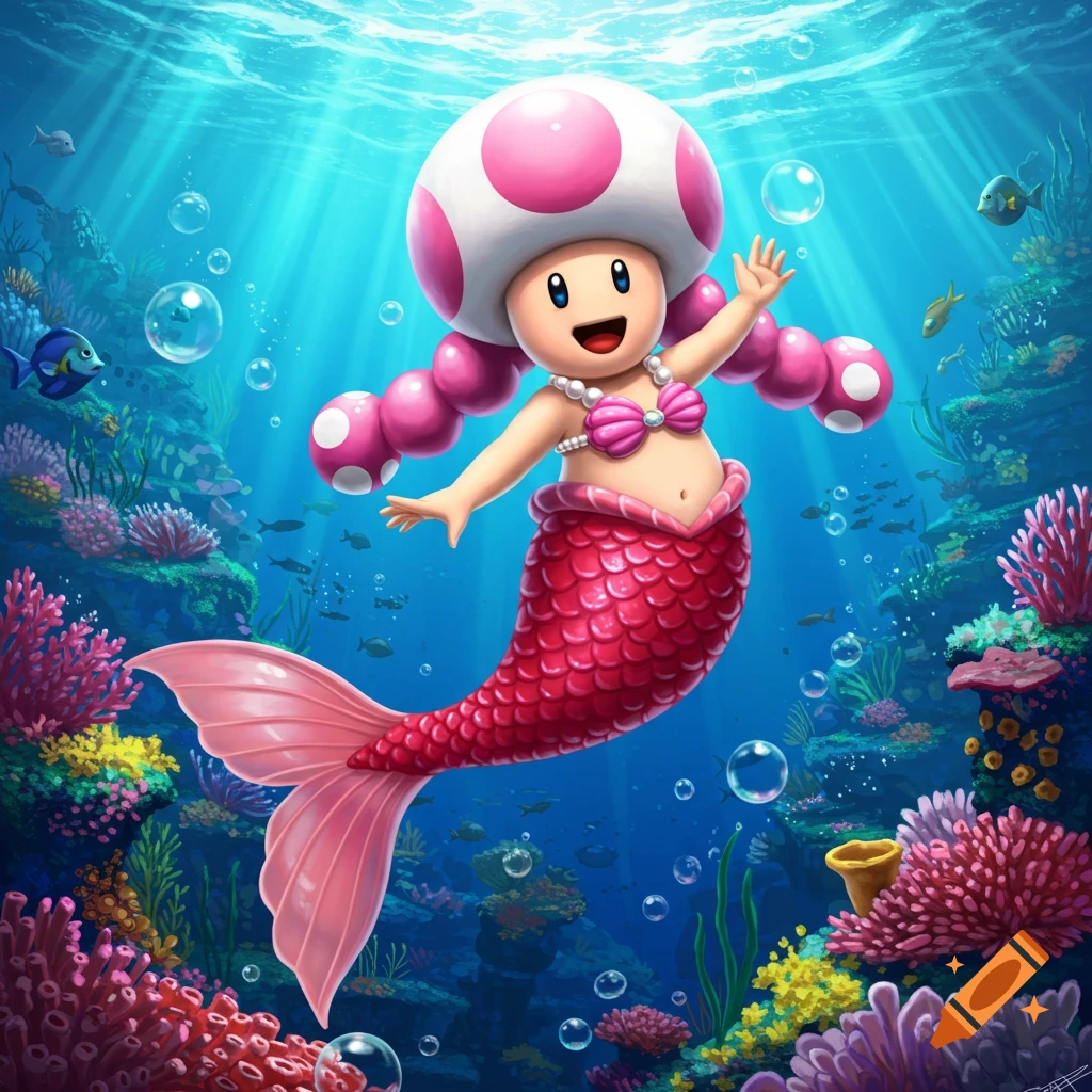 Toadette from Mario, as a cheerful mermaid, waves underwater amidst colorful coral and fish in a vibrant cartoon style.