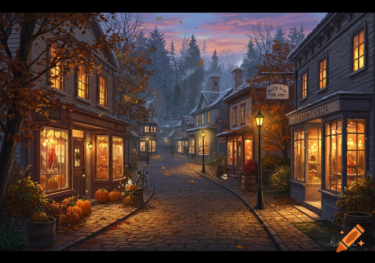 A charming autumn town street at dusk, with glowing shop windows decorated with pumpkins and fall foliage under a colorful sky.