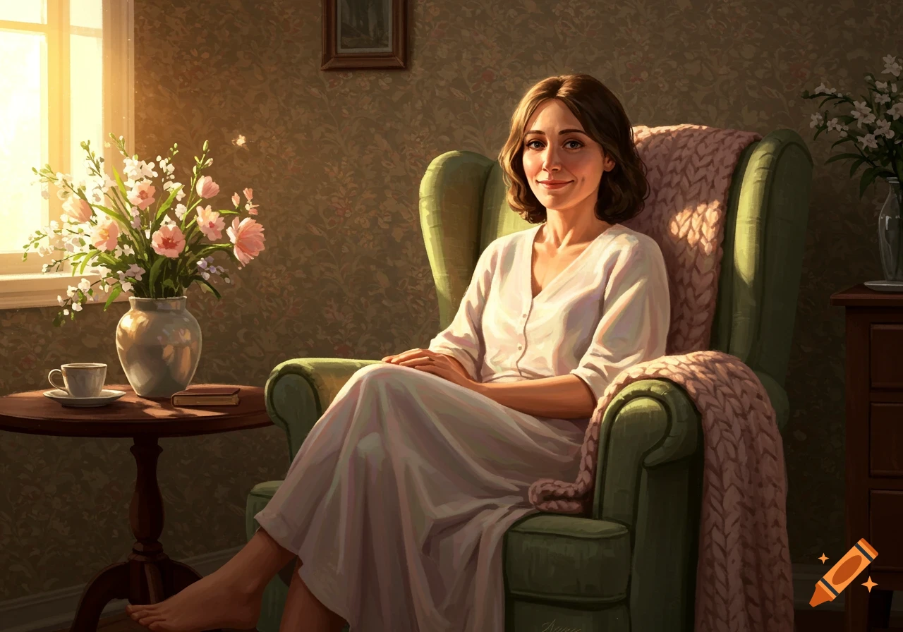 A smiling woman in a white dress sits in a green armchair by a sunny window with a vase of pink flowers, in a painterly style.