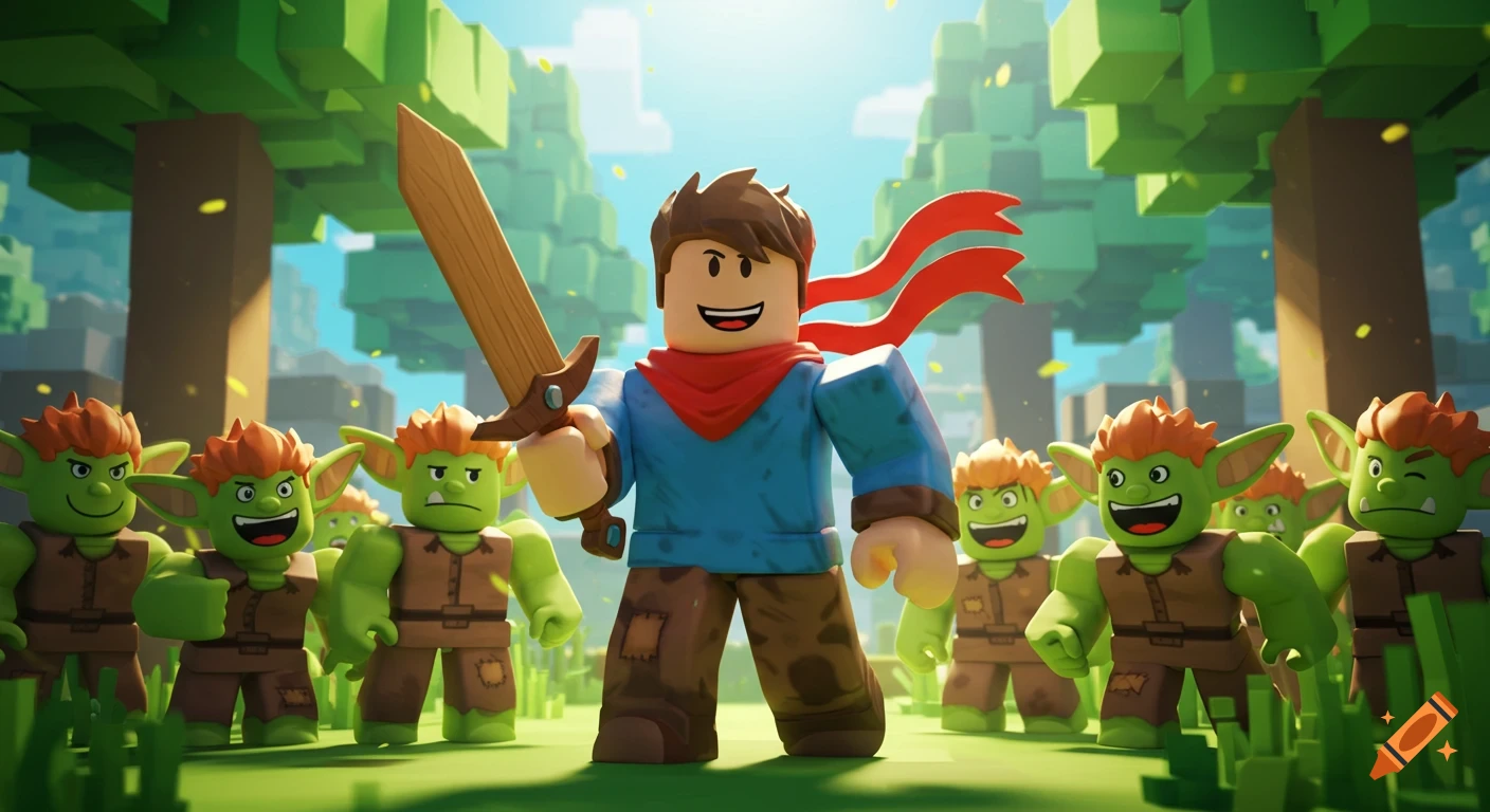 A Roblox-style hero with a wooden sword and red scarf stands heroically, surrounded by goblins in a blocky forest.