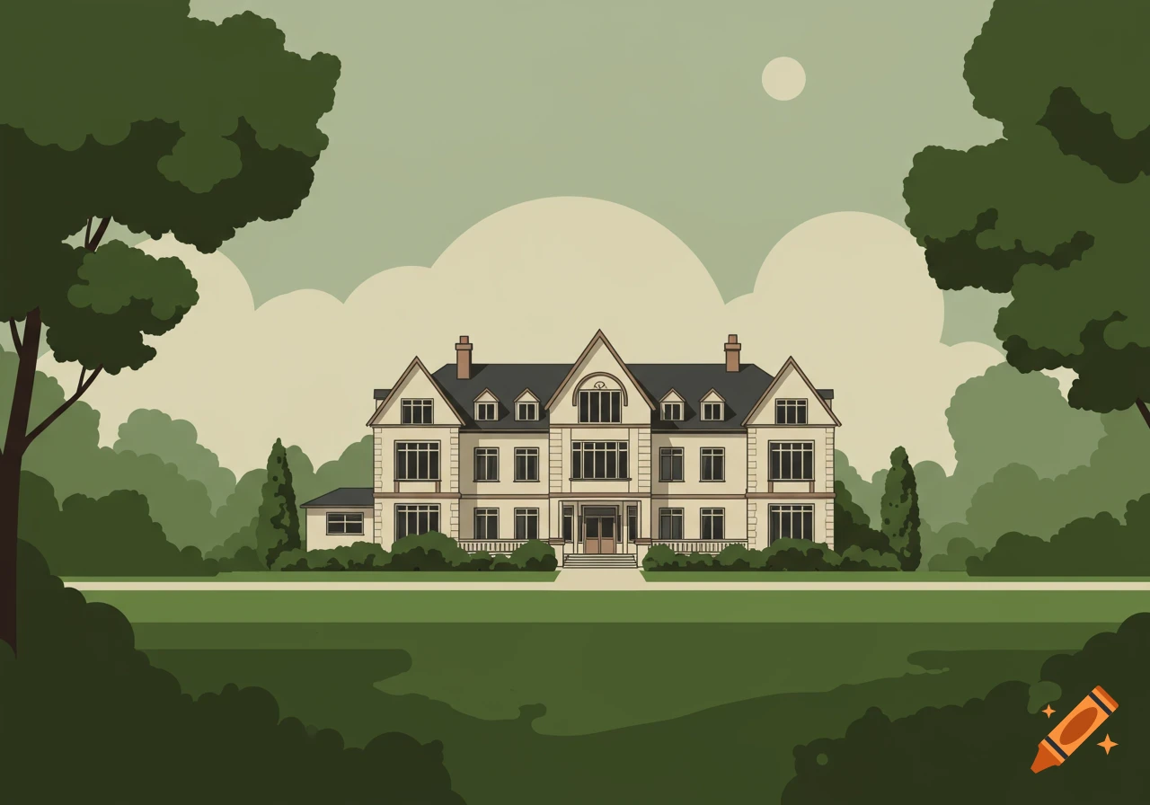An illustration of a large, elegant house with a dark roof and many windows, surrounded by green trees and grass, under a light sky with a full moon.