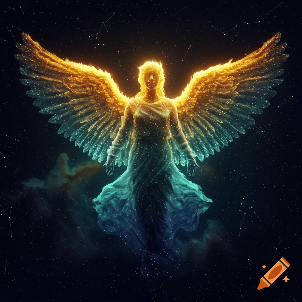 A glowing, winged angel-like figure composed of stars and light, against a dark starry cosmic background.