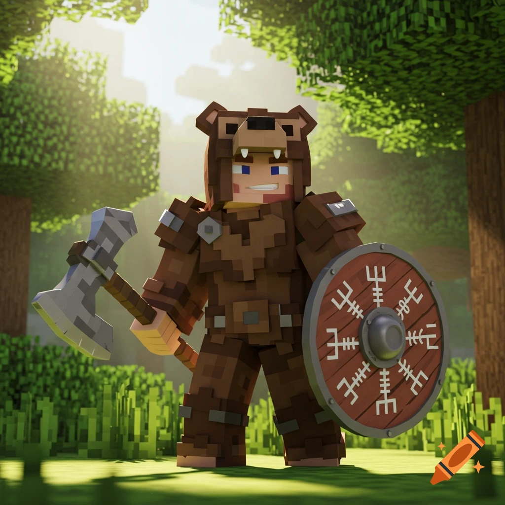 A Minecraft character in a bear skin, wearing armor, holding a Viking axe and shield in a sunny forest.