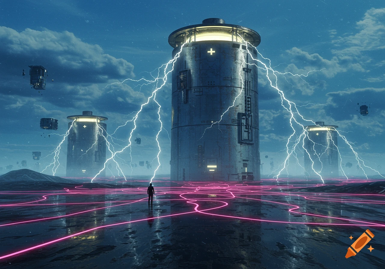 A lone figure stands on a dark, wet futuristic landscape with glowing pink lines, surrounded by huge battery-like towers emitting bright lightning under a cloudy sky.